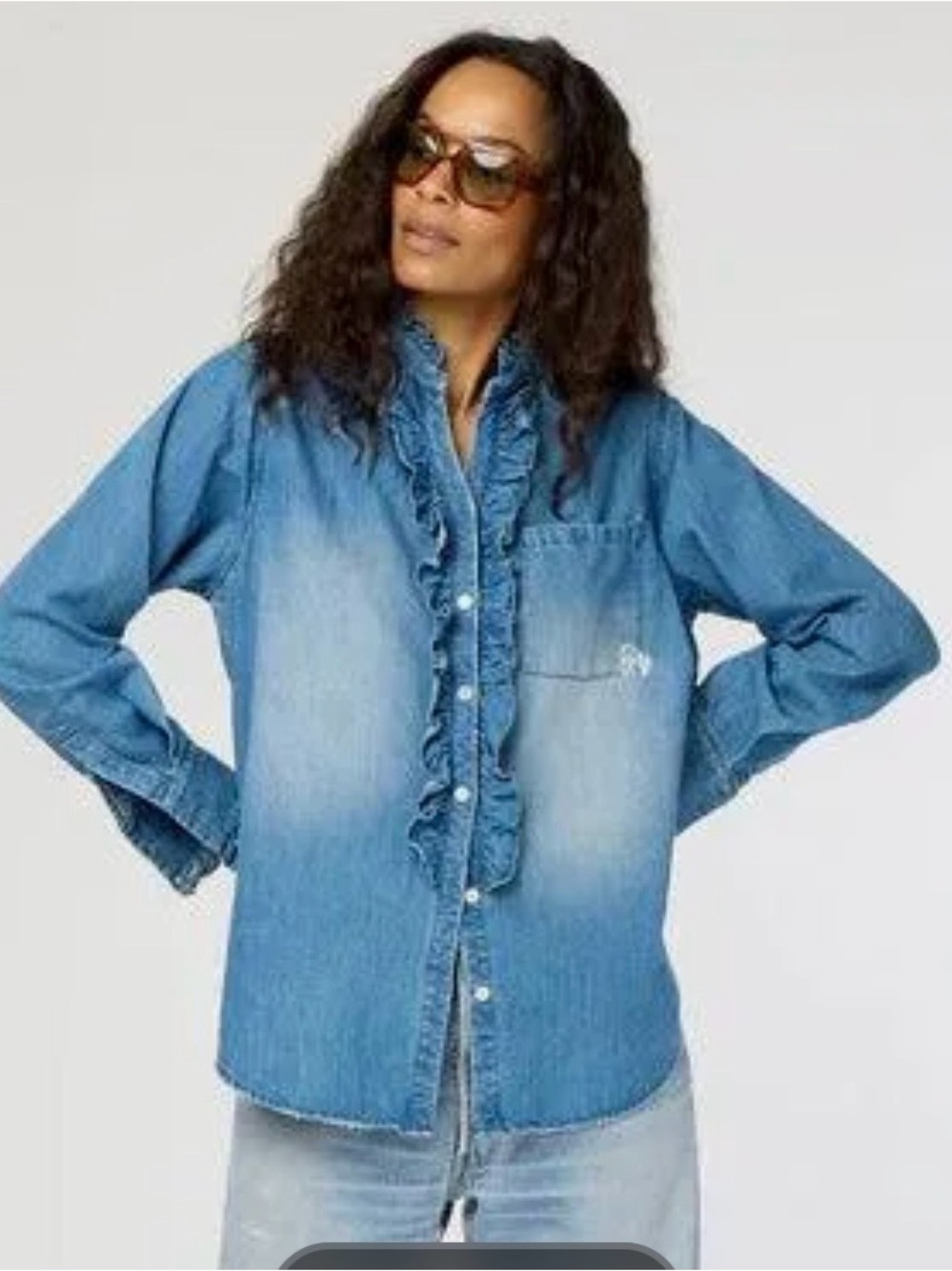 Kerri Rosenthal Denim Ruffle Button-Down Shirt - Light Blue